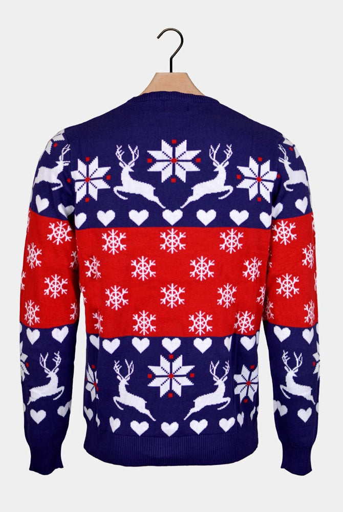 Pull de Noël Couple Rennes Cœurs Bleu et Rouge