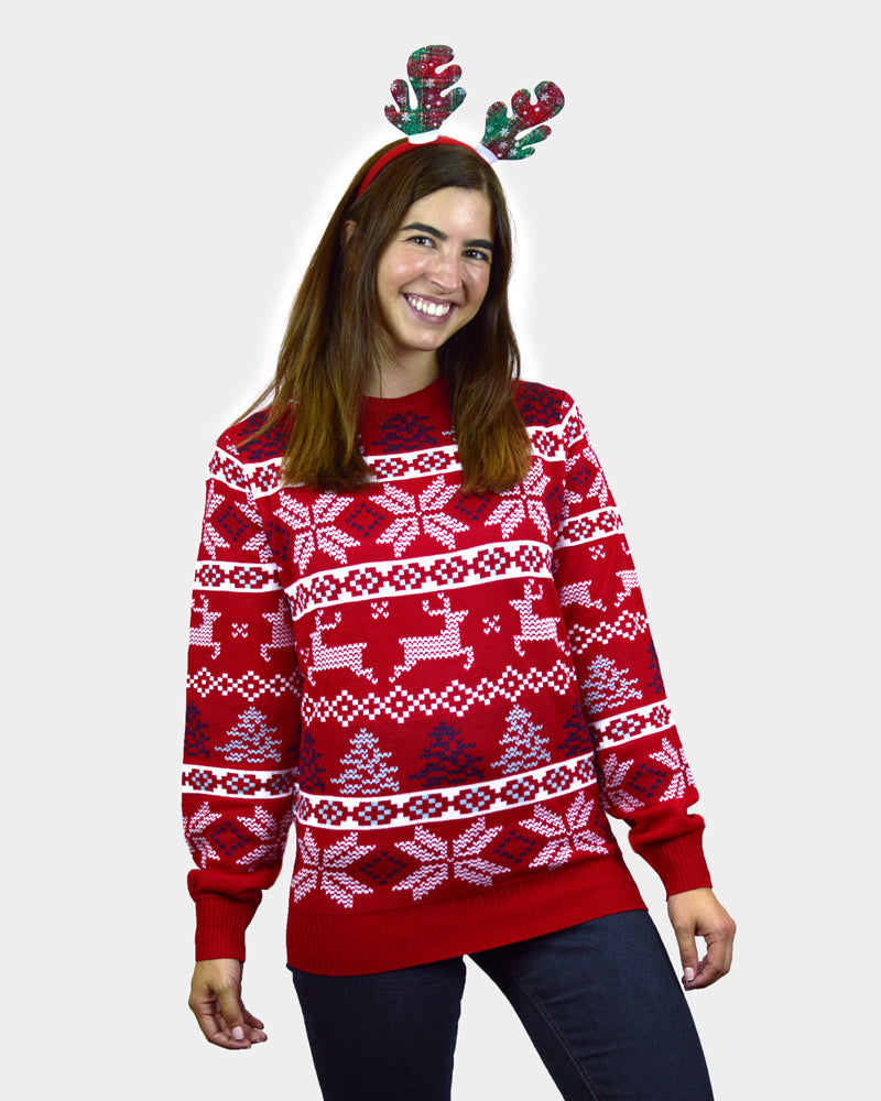 Pull de Noël Rouge Classique Étoiles Polaires Femme