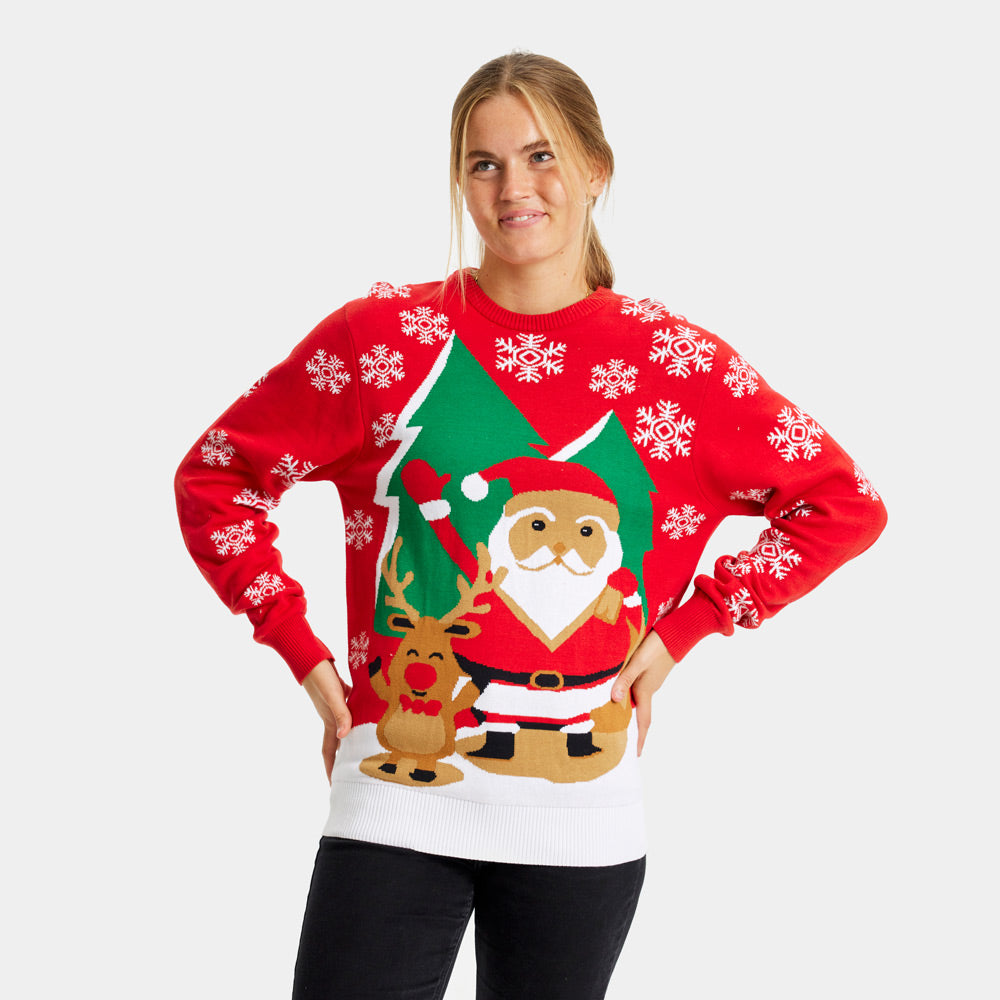 Pull de Noël Femme Rouge Père Noël et Renne Saluant