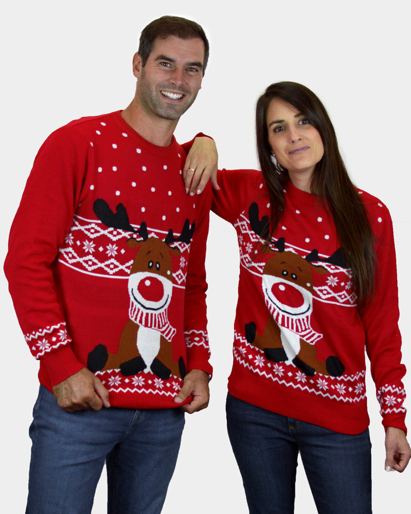 Pull de Noël Rouge Renne Rudolph Echarpe couple
