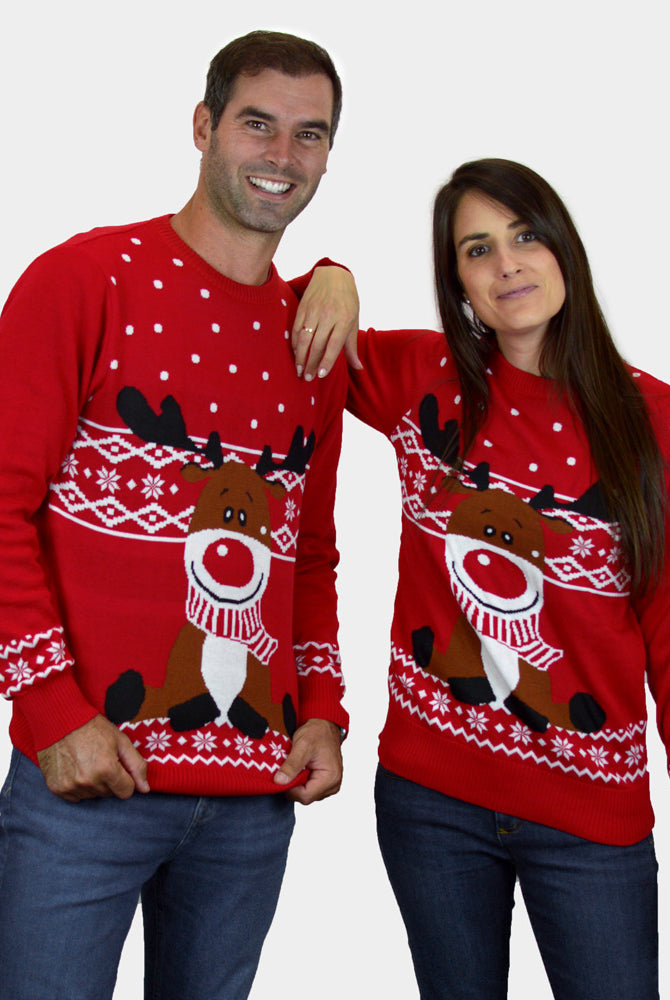 Pull de Noël Rouge Renne Rudolph Echarpe couple