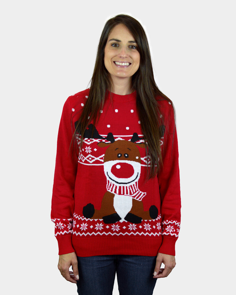 femme Pull de Noël Rouge Renne Rudolph Echarpe