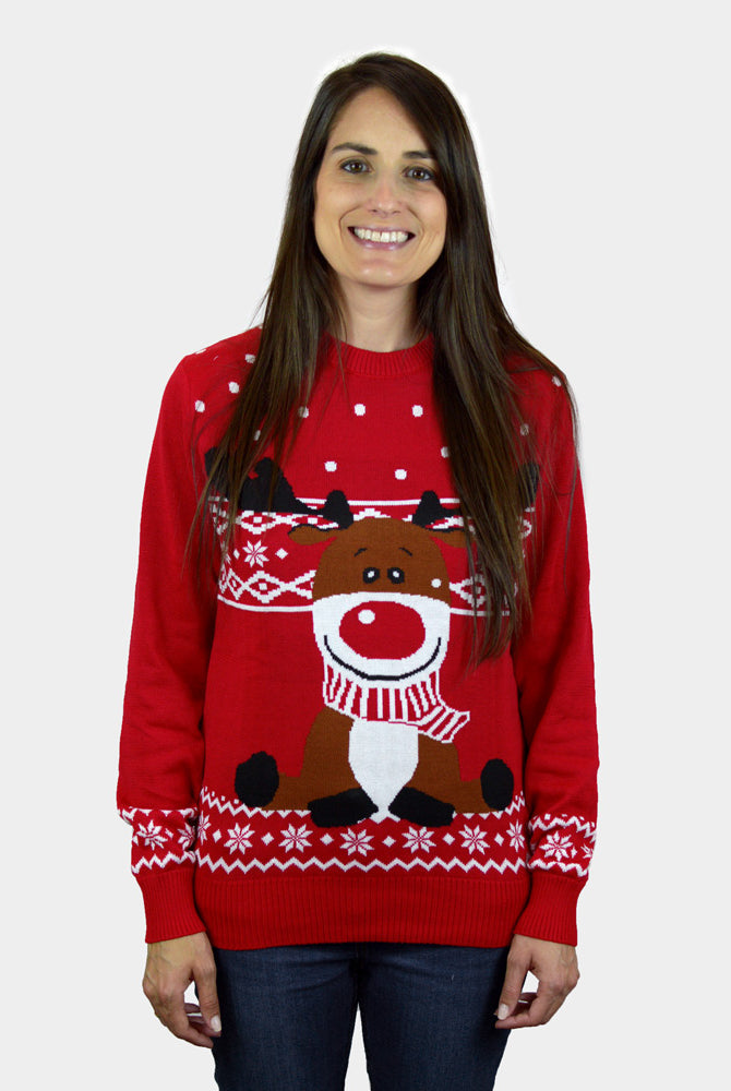 femme Pull de Noël Rouge Renne Rudolph Echarpe