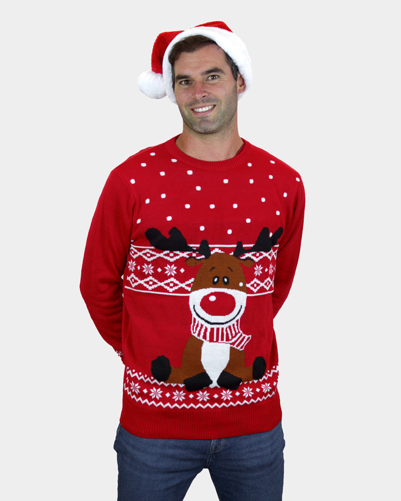 homme Pull de Noël Rouge Renne Rudolph Echarpe