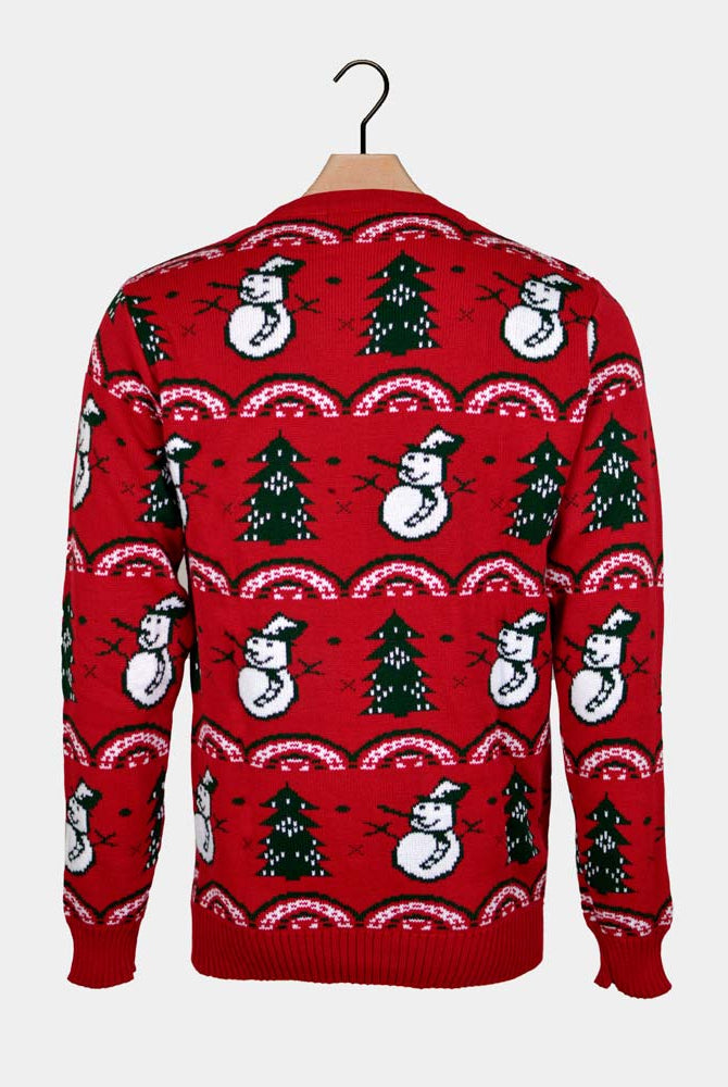 Pull de Noël Couple Rouge Sapins et Bonhommes de Neige