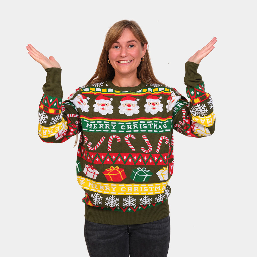 Pull de Noël Vert pour Couple avec Père Noël et Cadeaux femme