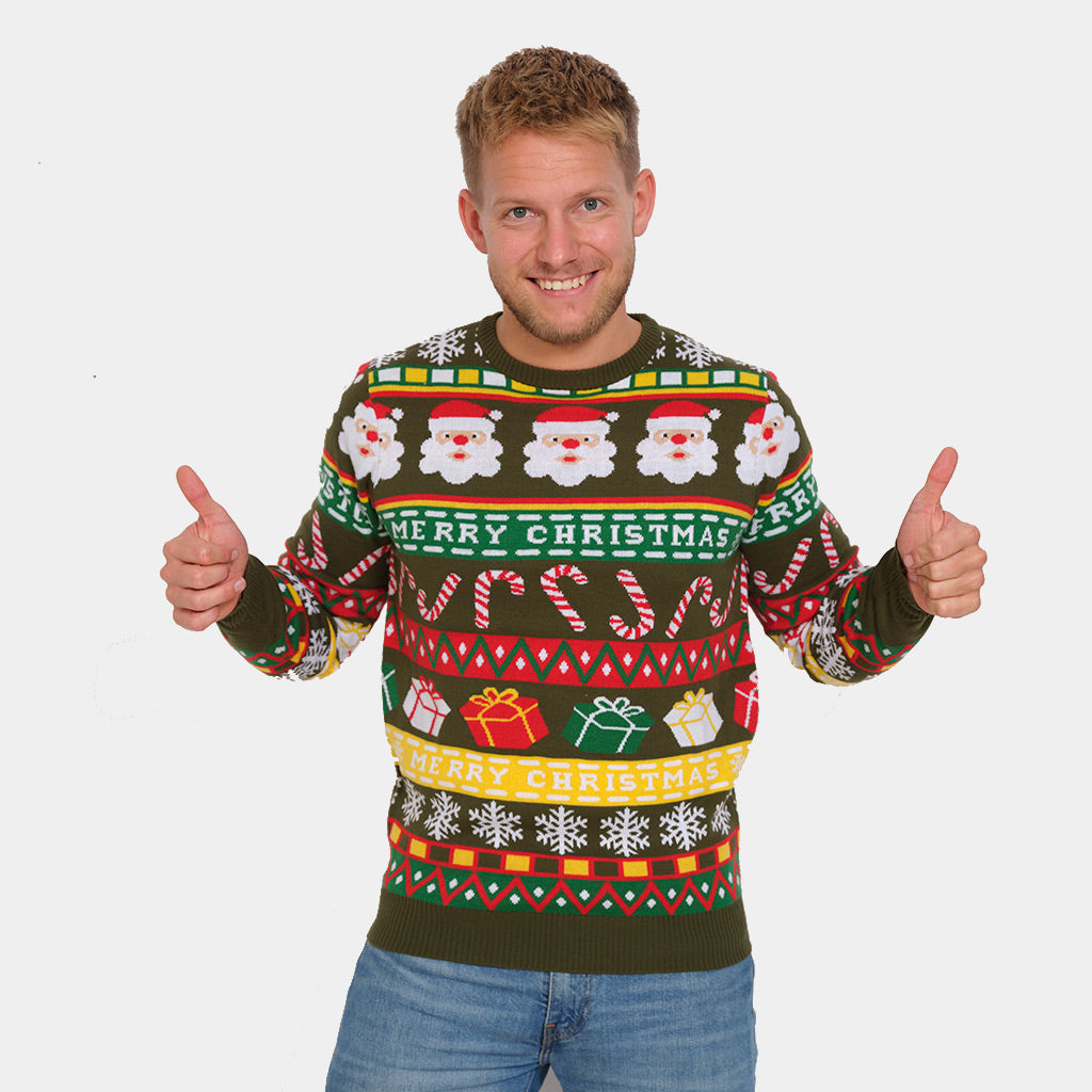 Pull de Noël Vert pour Couple avec Père Noël et Cadeaux homme
