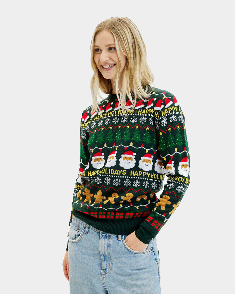 Pull de Noël Vert Happy Holidays pour Femme