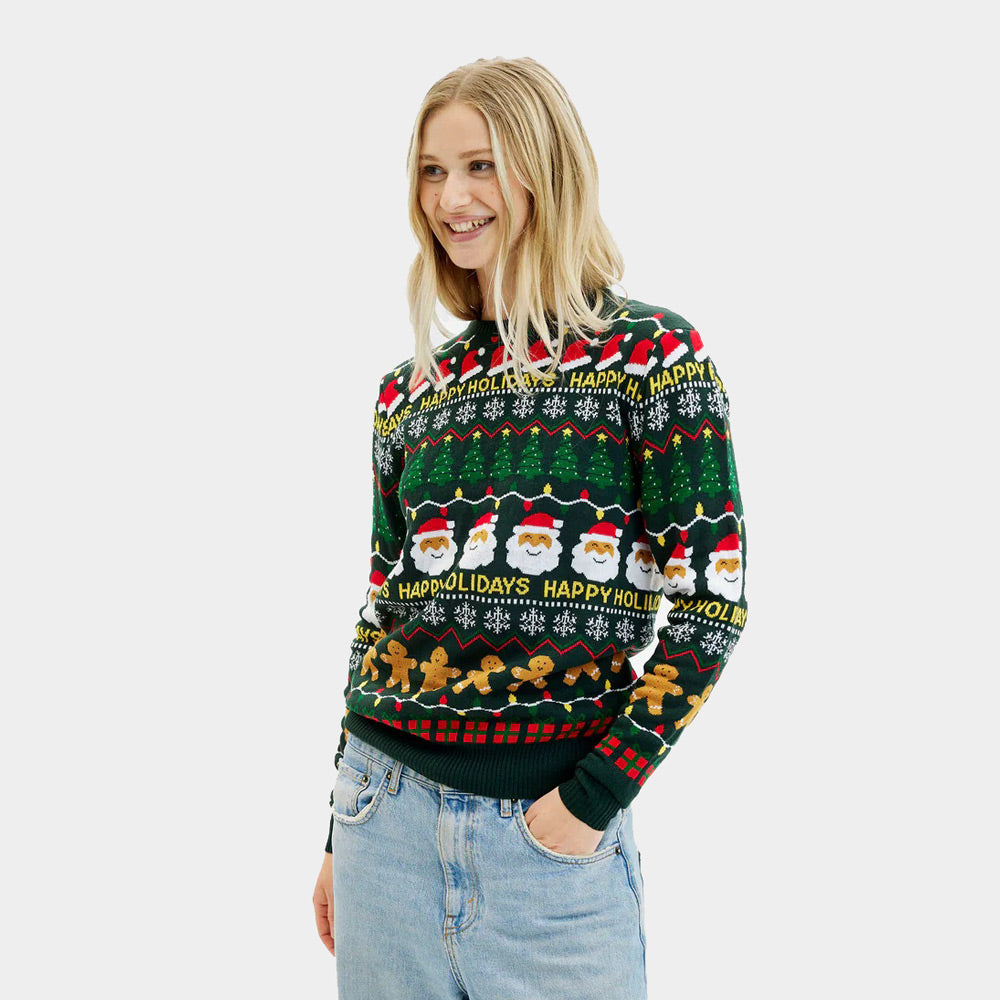 Pull de Noël Vert Happy Holidays pour Femme