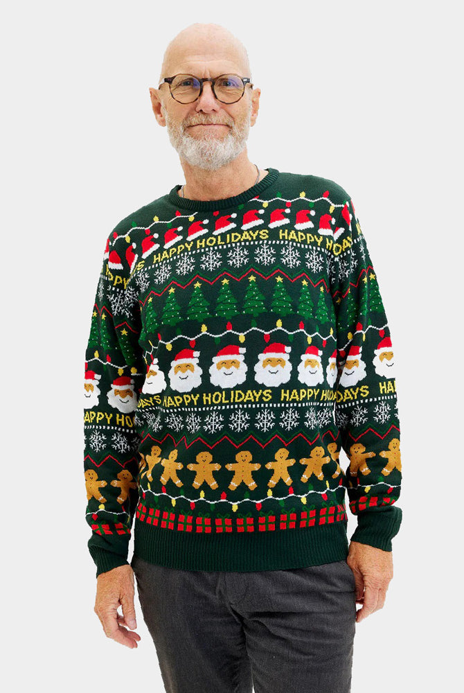 Pull de Noël Vert Happy Holidays pour Homme
