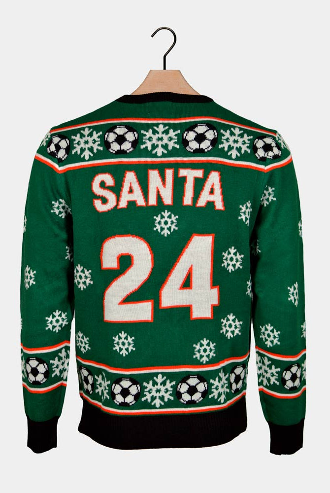 Pull de Noël Couple Vert Père Noël jouant au Foot