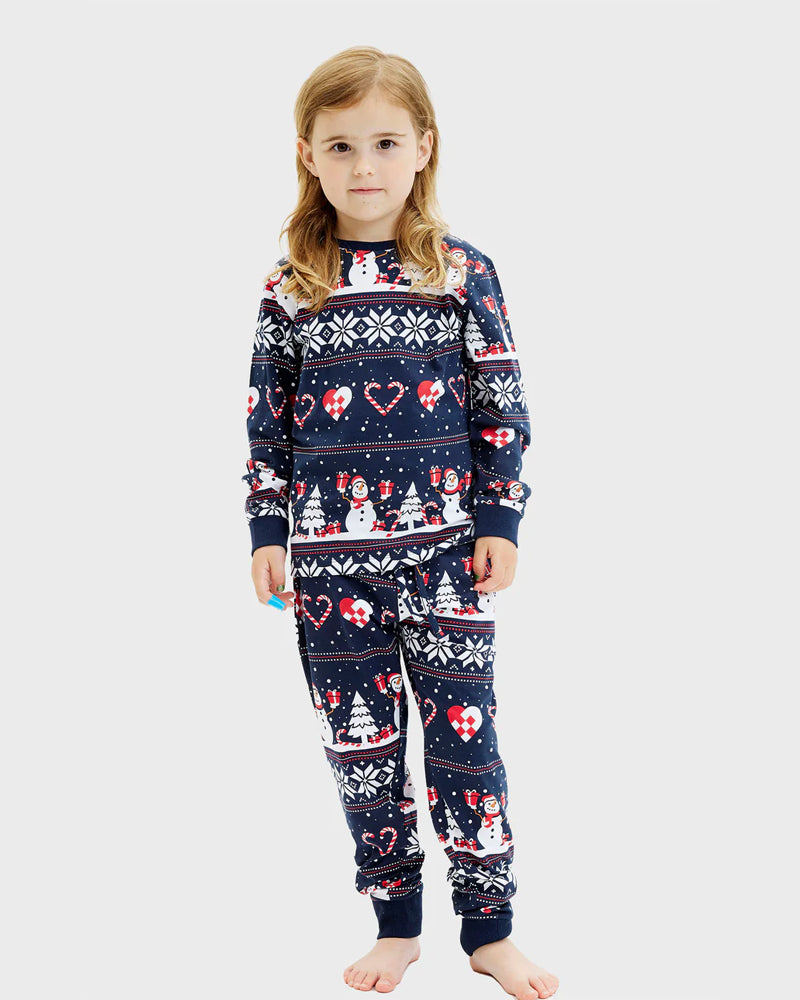 Pyjama de Noël Enfants Bonhommes de Neige et Cœurs Bleu