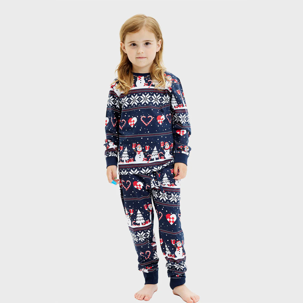 Pyjama de Noël Enfants Bonhommes de Neige et Cœurs Bleu