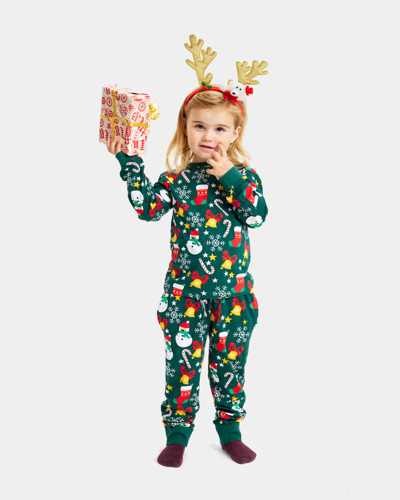 Pyjama de Noël Enfant Familial Vert avec Motifs de Noël