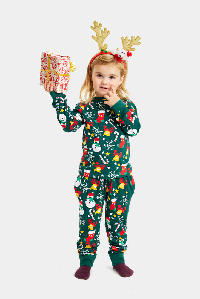 Pyjama de Noël Enfant Familial Vert avec Motifs de Noël