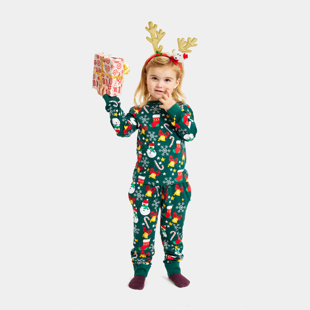 Pyjama de Noël Enfant Familial Vert avec Motifs de Noël