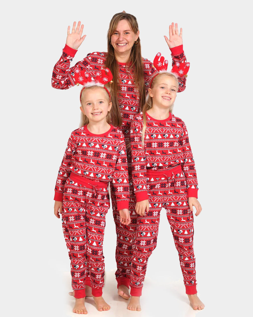Pyjama de Noël pour Adultes Unisexe Rouge avec Rennes et Sapins enfants