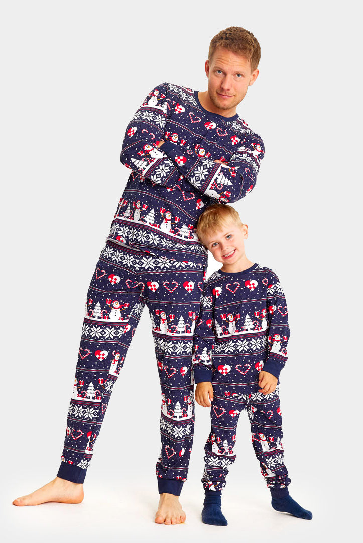 Pyjama de Noël pour Adultes Unisexe Bleu avec Bonhommes de Neige et Cœurs