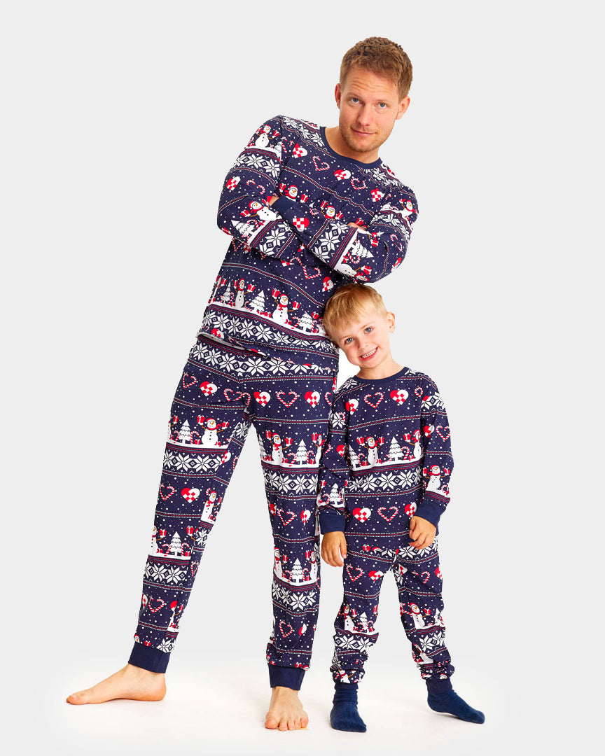 Pyjama de Noël pour Enfants Bleu avec Bonhommes de Neige et Cœurs homme
