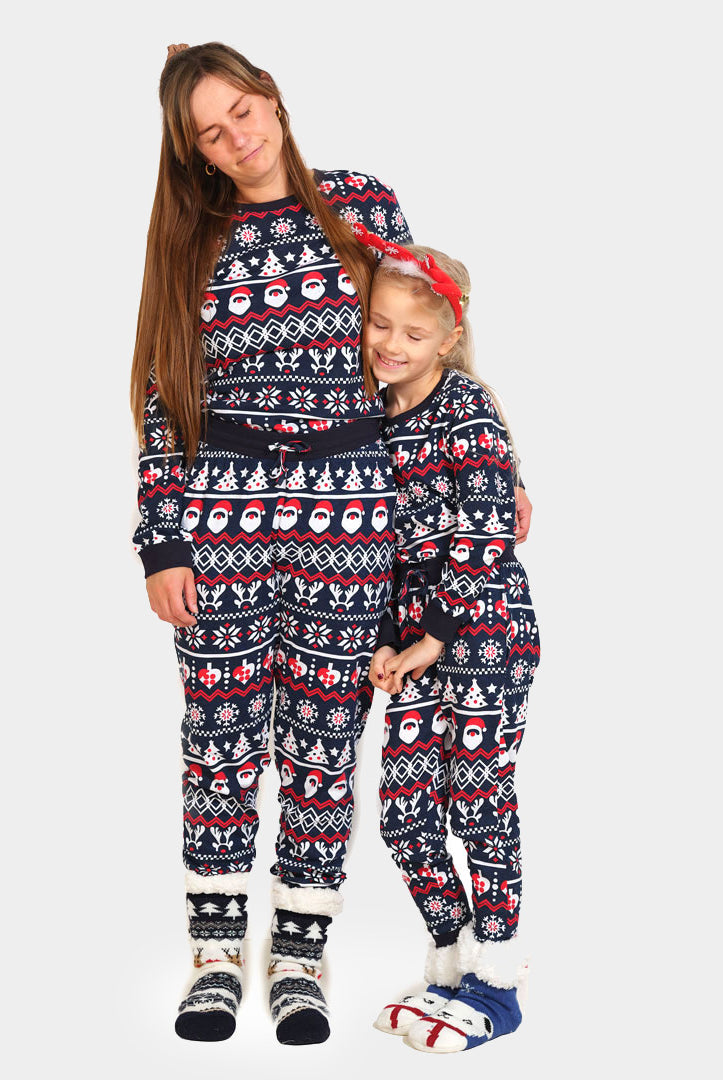 Pyjama de Noël pour Enfants Bleu avec Père Noël, Sapins et Cœurs femme