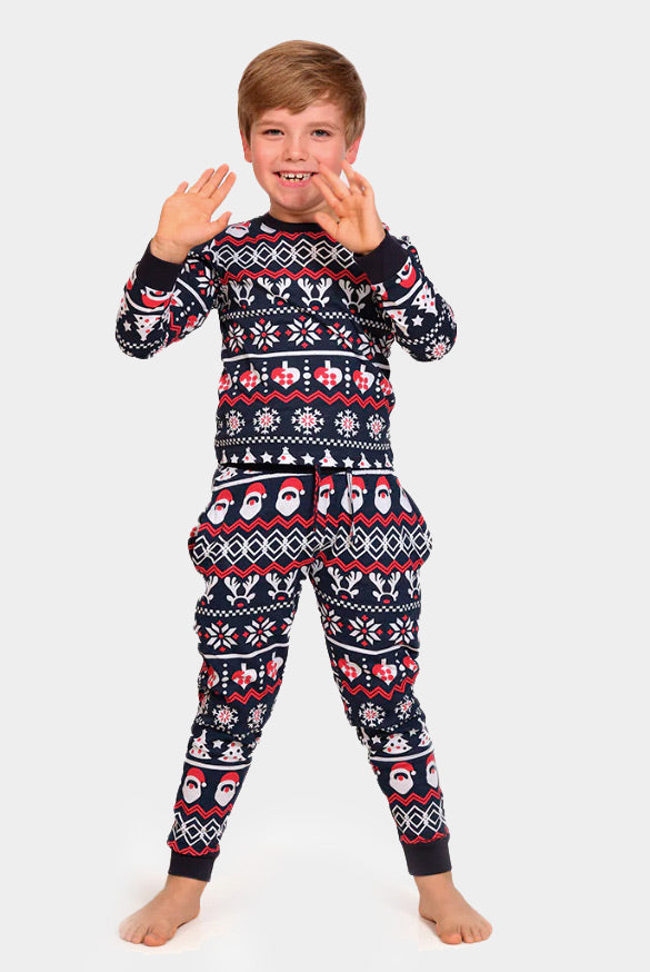 Pyjama de Noël pour Enfants Bleu avec Père Noël, Sapins et Cœurs