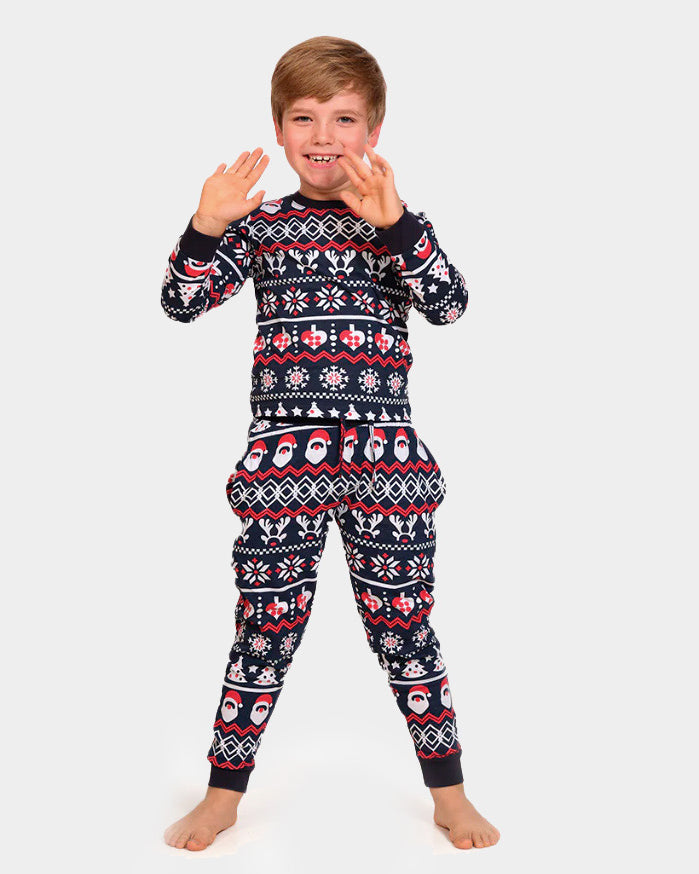 Pyjama de Noël pour Enfants Bleu avec Père Noël, Sapins et Cœurs