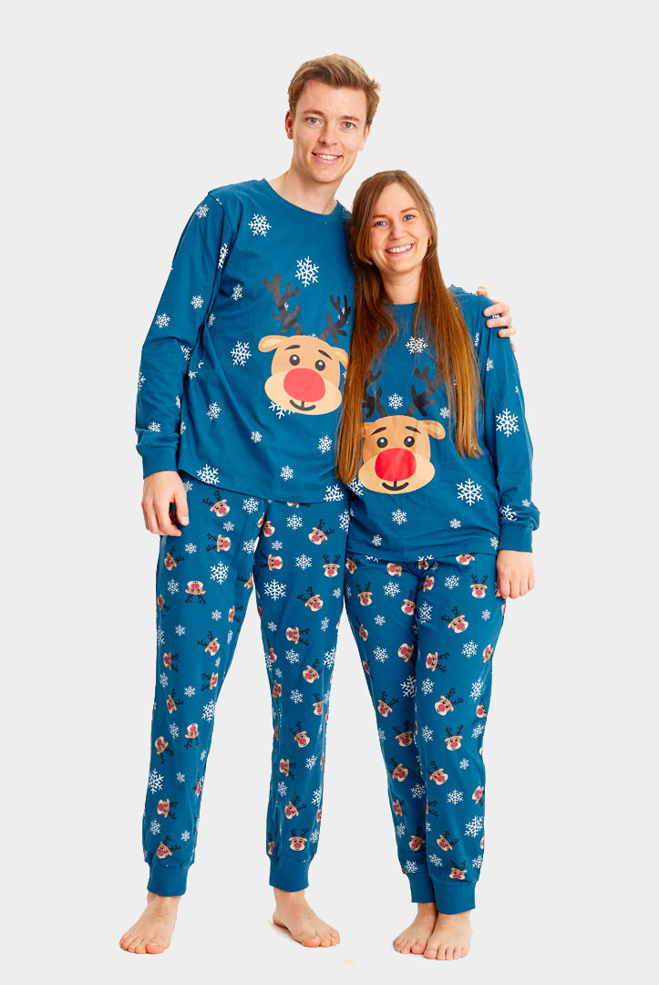 Pyjama de Noël Femme et Homme Enfants Bleu avec Rudolph le Renne