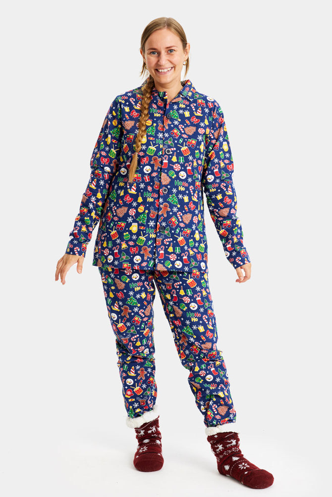 Pyjama de Noël Femme Enfants Bleu Motifs de Noël