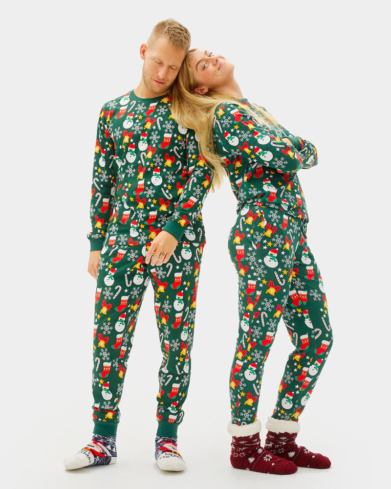 Pyjama de Noël Famille Enfants Vert avec Motifs de Noël