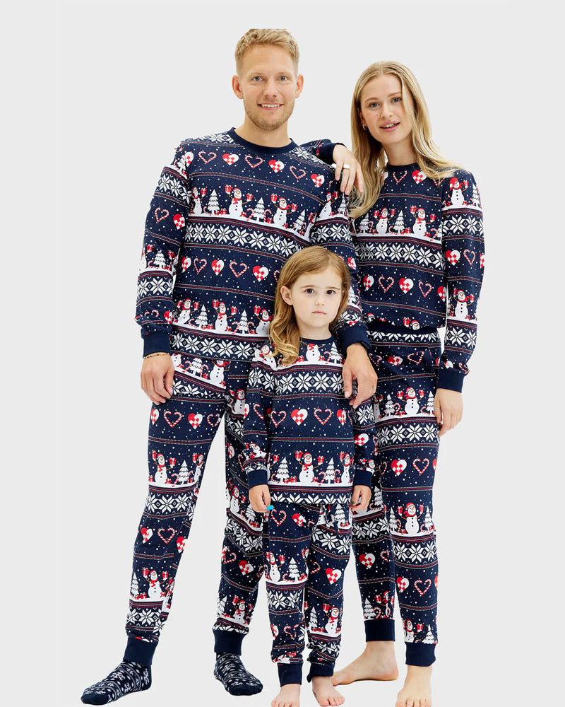 Pyjama de Noël Familial Bleu avec Bonhommes de Neige et Cœurs