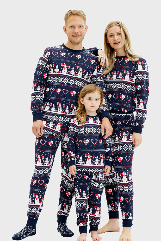 Pyjama de Noël Familial Bleu avec Bonhommes de Neige et Cœurs