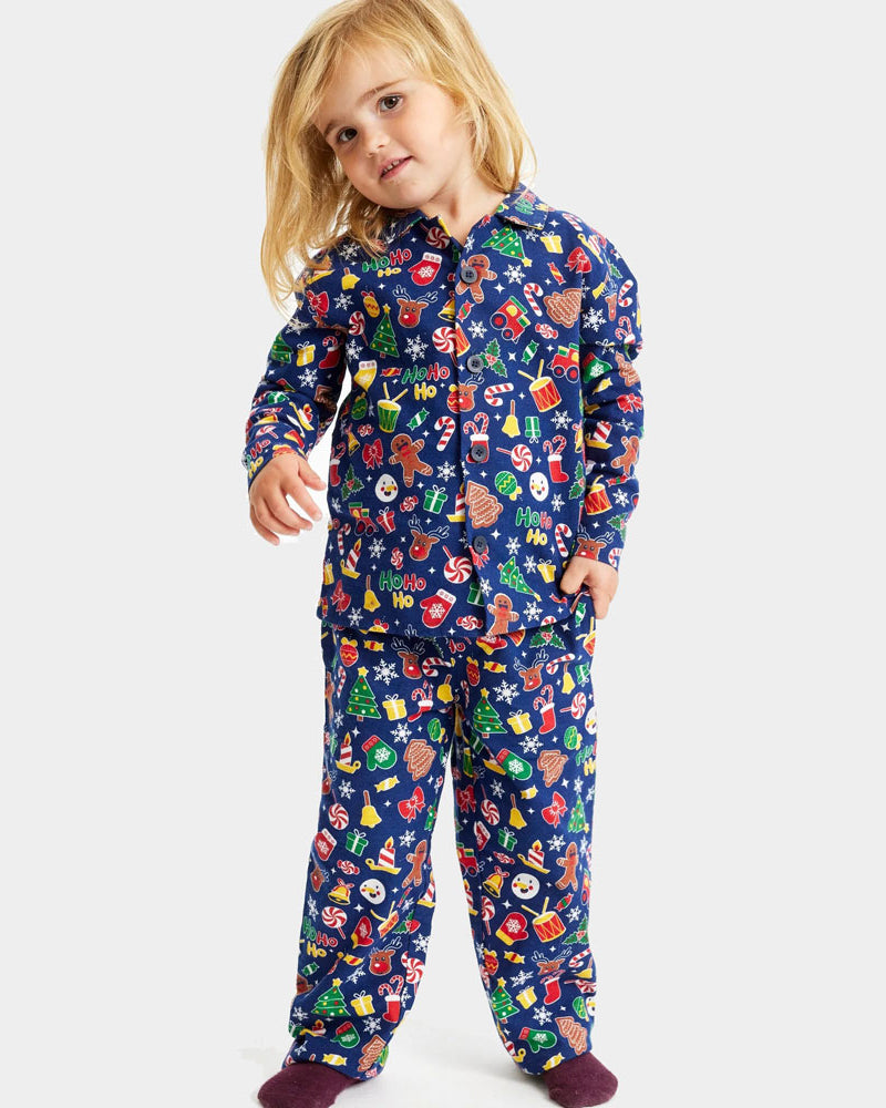 Pyjama de Noël Familial Bleu Motifs de Noël Enfants