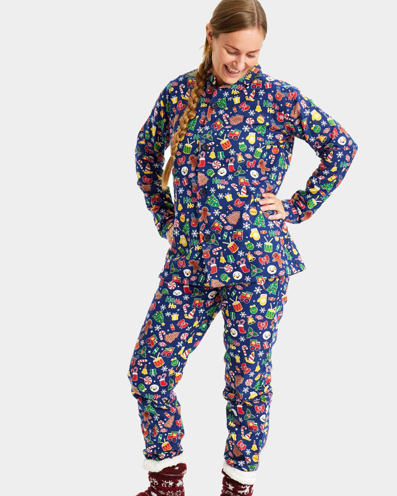 Pyjama de Noël Familial Bleu Motifs de Noël Femme