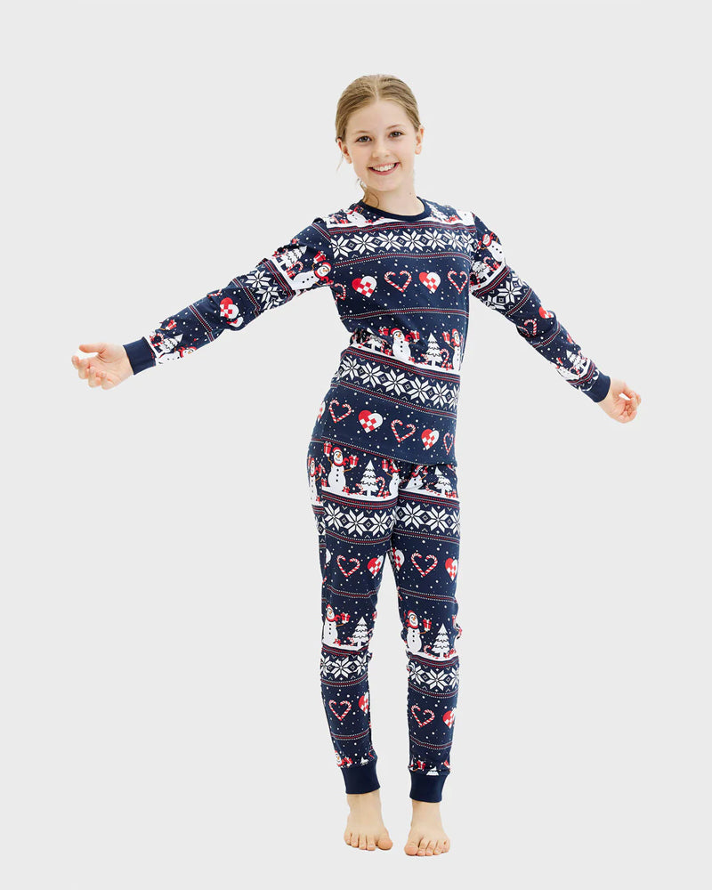 Pyjama de Noël Familial Bleu Enfant Bonhommes de Neige et Cœurs