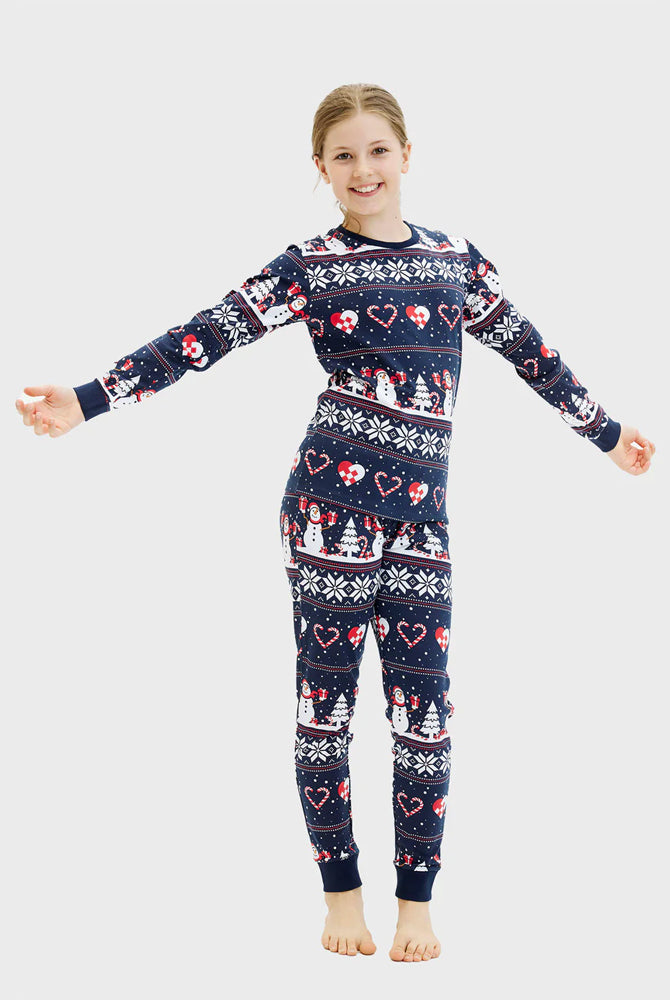 Pyjama de Noël Familial Bleu Enfant Bonhommes de Neige et Cœurs