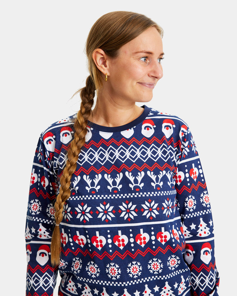 Pyjama de Noël Familial Bleu Femme Père Noël, Sapins et Cœurs