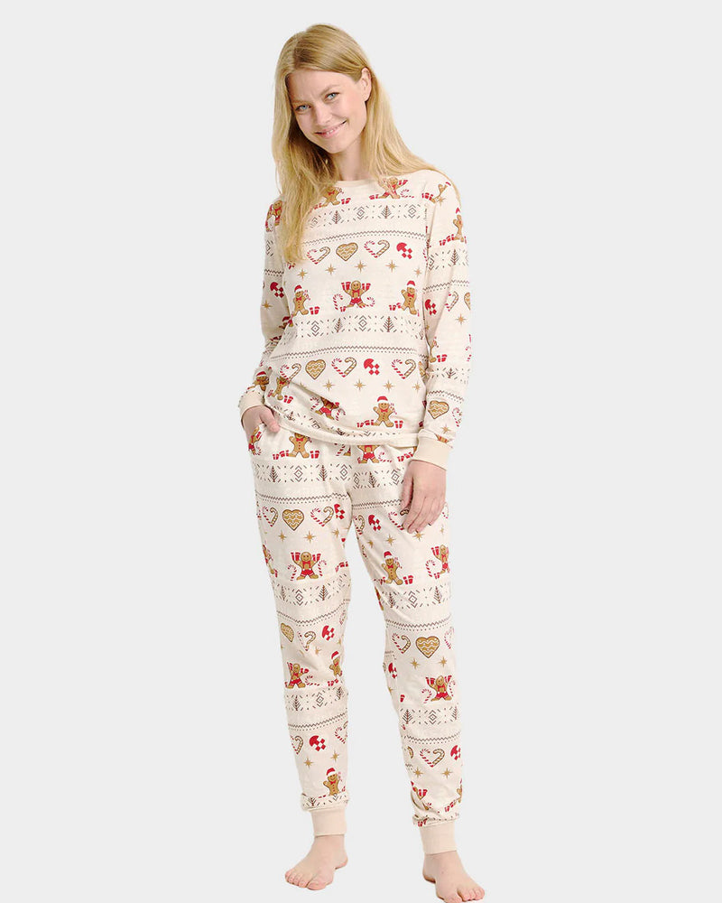 Pyjama de Noël pour Femme Beige Biscuits de Noël