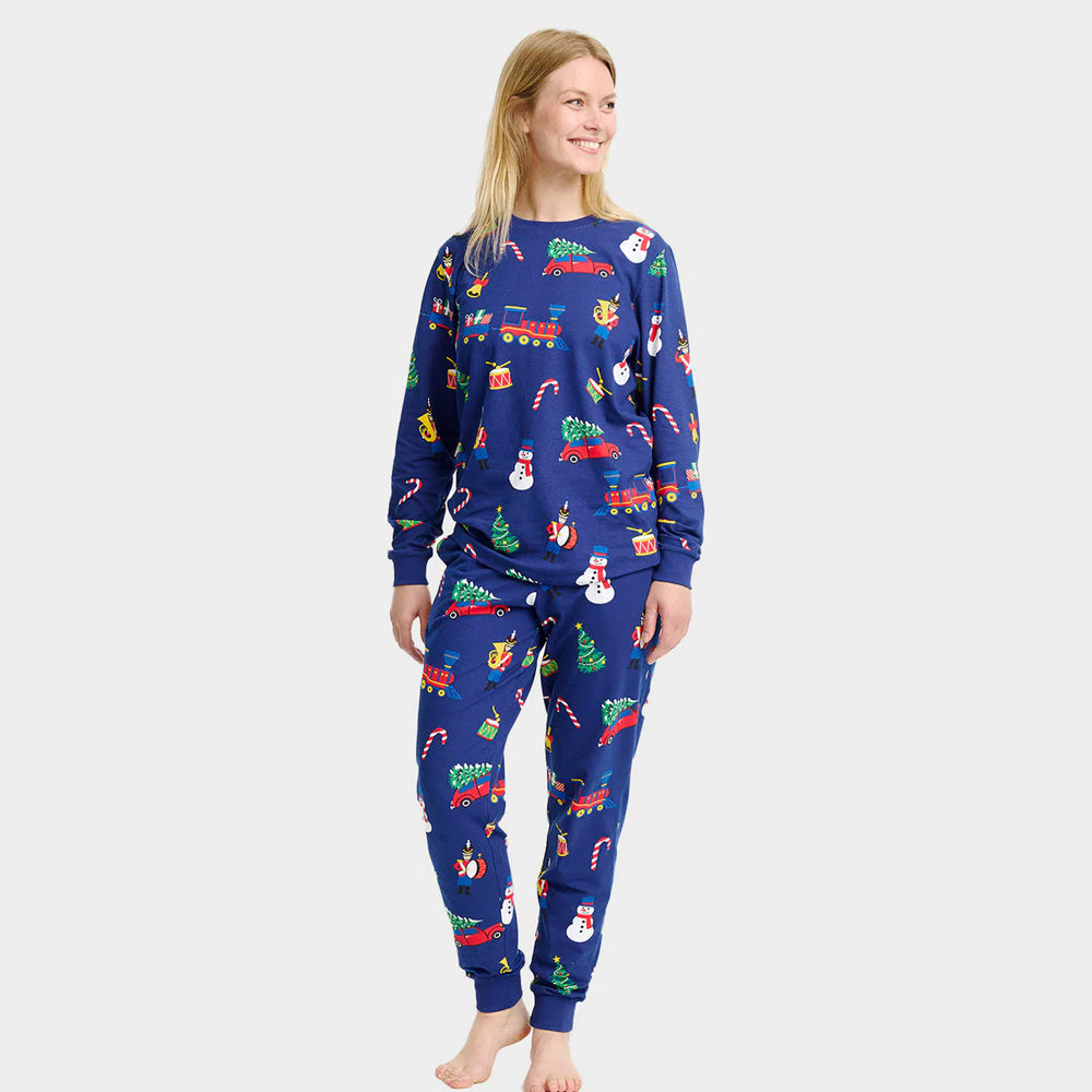 Pyjama de Noël pour Femme Bleu avec Jouets de Noël