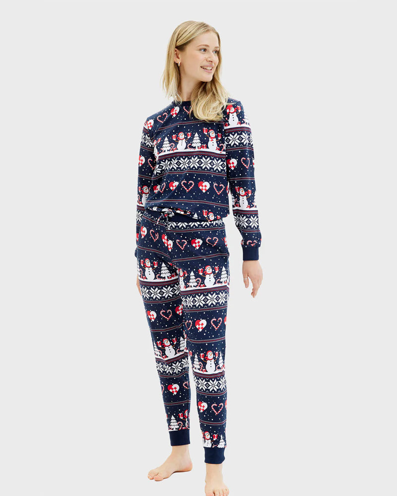 Pyjama de Noël Femme Bonhommes de Neige et Cœurs Bleu
