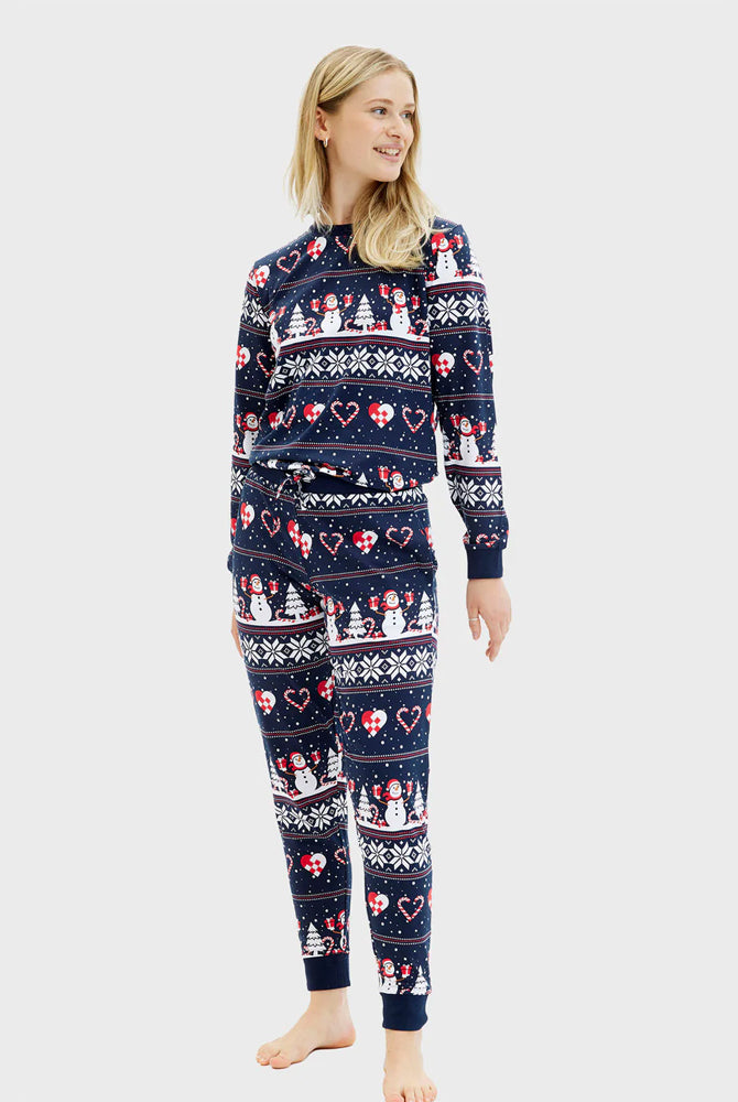 Pyjama de Noël Femme Bonhommes de Neige et Cœurs Bleu