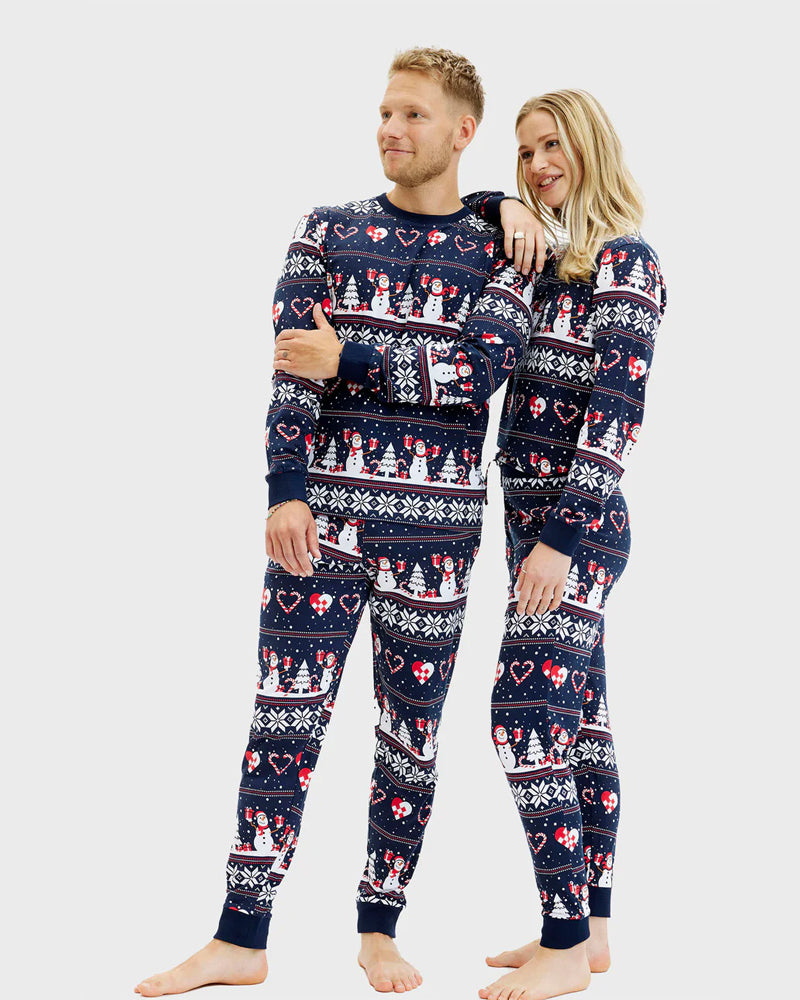 Pyjama de Noël Femme et Homme Bleu Bonhommes de Neige et Cœurs