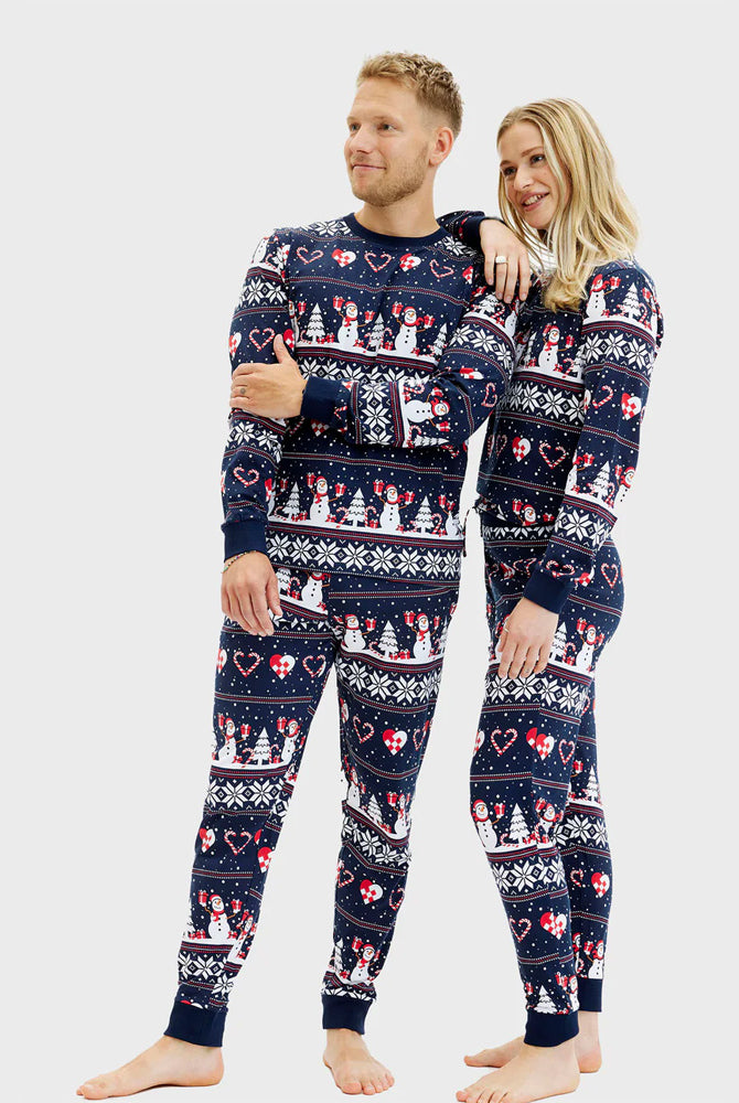 Pyjama de Noël Femme et Homme Bleu Bonhommes de Neige et Cœurs