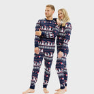 Pyjama de Noël Femme et Homme Bleu Bonhommes de Neige et Cœurs