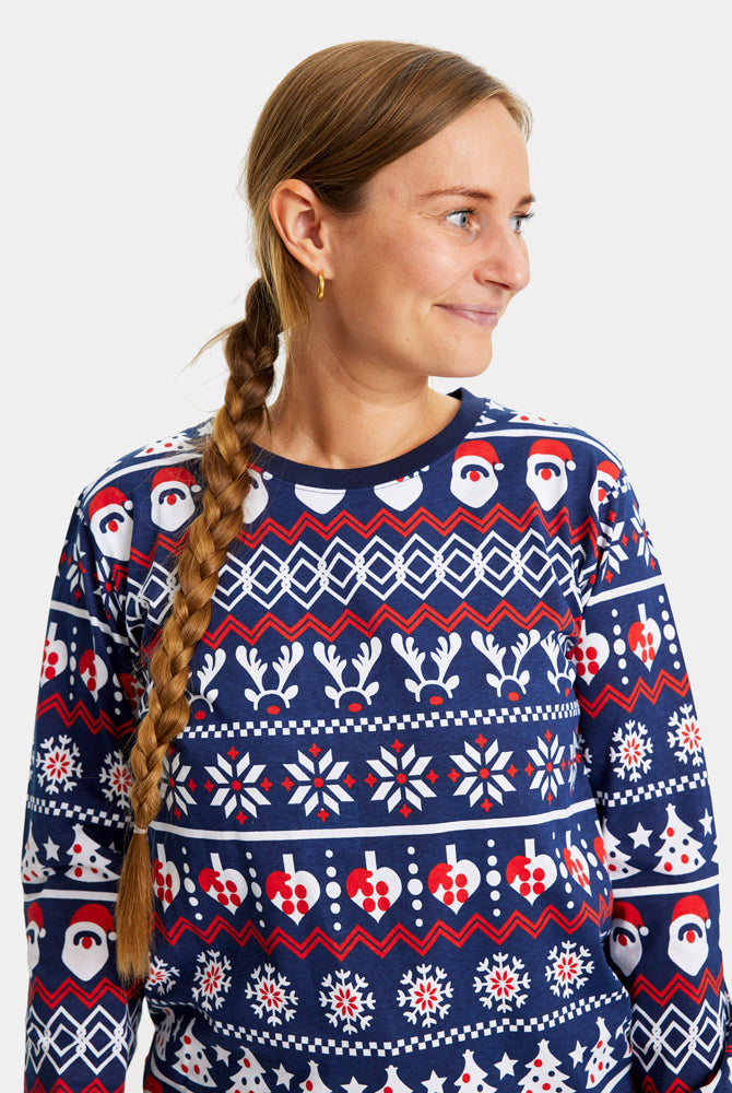 Pyjama de Noël Femme Père Noël, Sapins et Cœurs Bleu