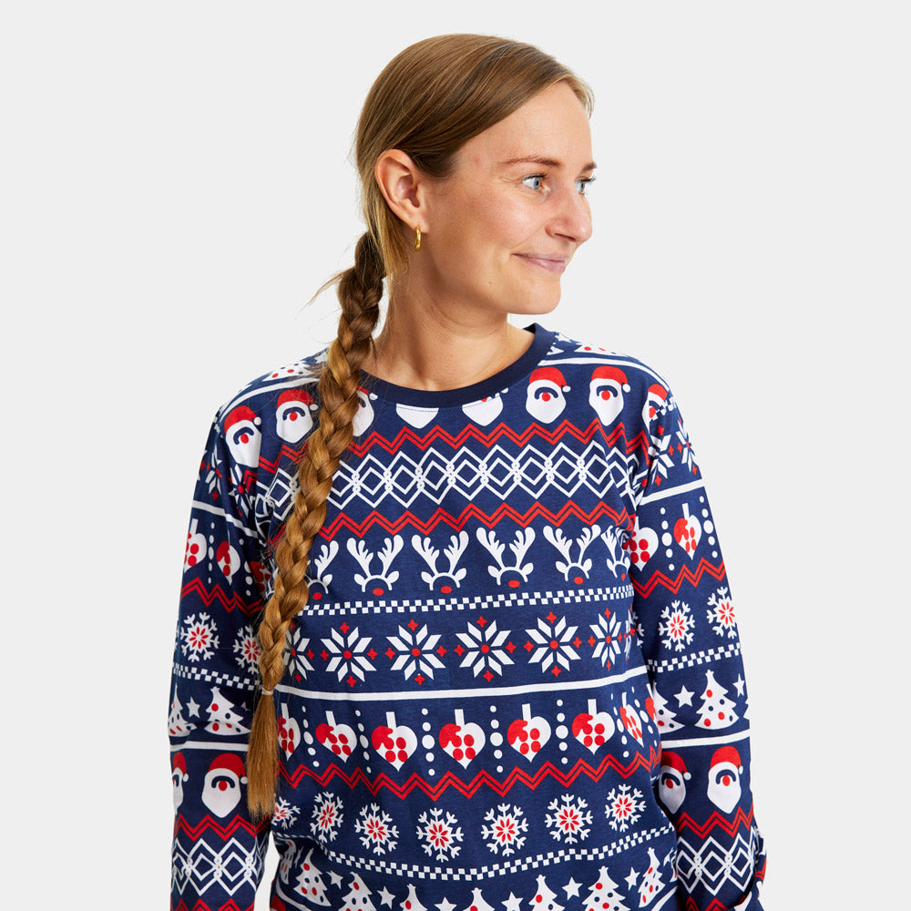 Pyjama de Noël Femme Père Noël, Sapins et Cœurs Bleu