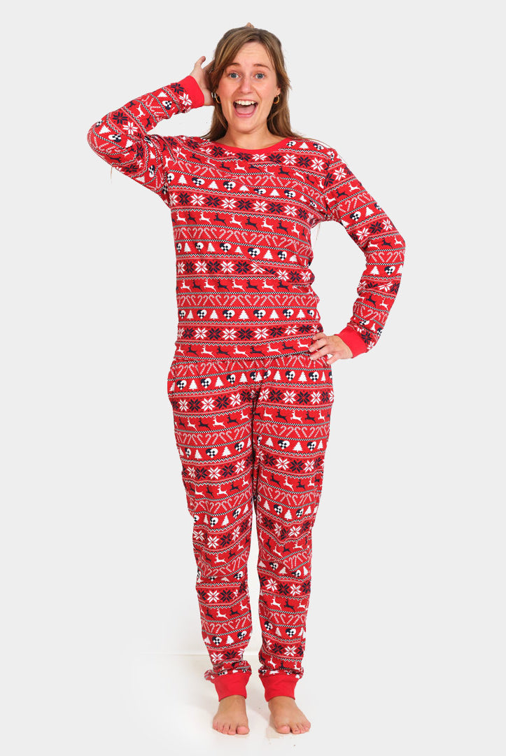 Pyjama de Noël pour femme Rouge avec Rennes et Sapins