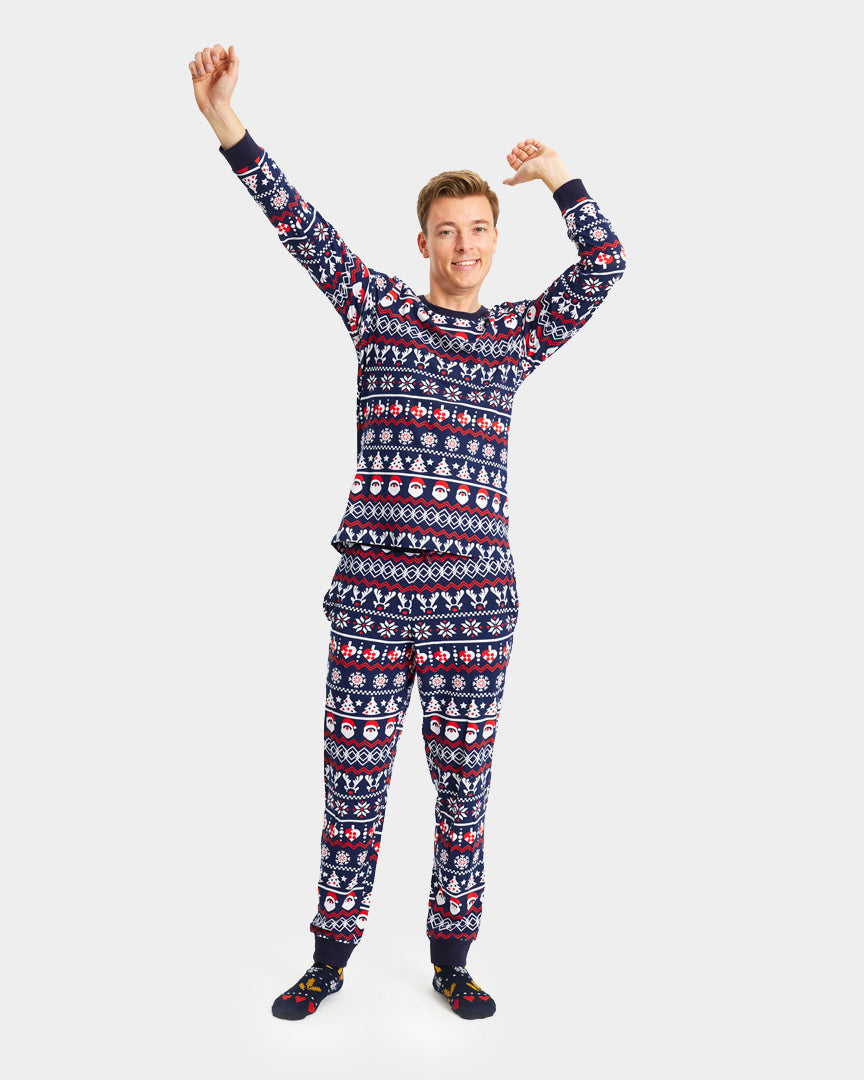 Pyjama de Noël pour Homme Bleu avec Père Noël, Sapins et Cœurs