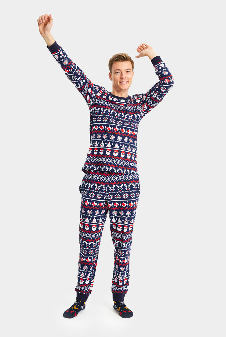 Pyjama de Noël pour Homme Bleu avec Père Noël, Sapins et Cœurs