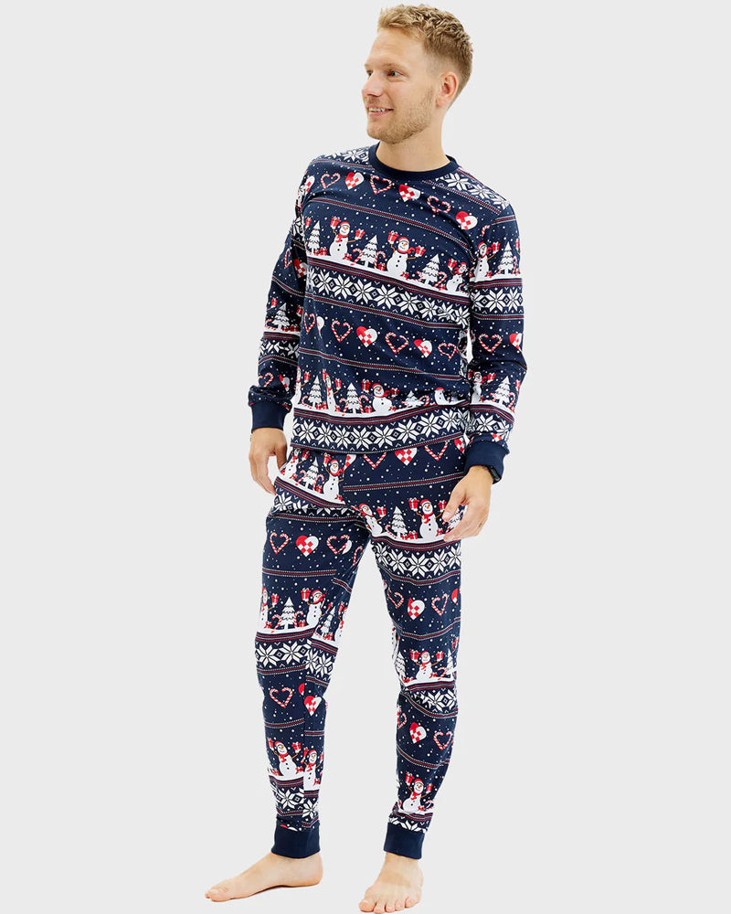 Pyjama de Noël Homme Bonhommes de Neige et Cœurs Bleu