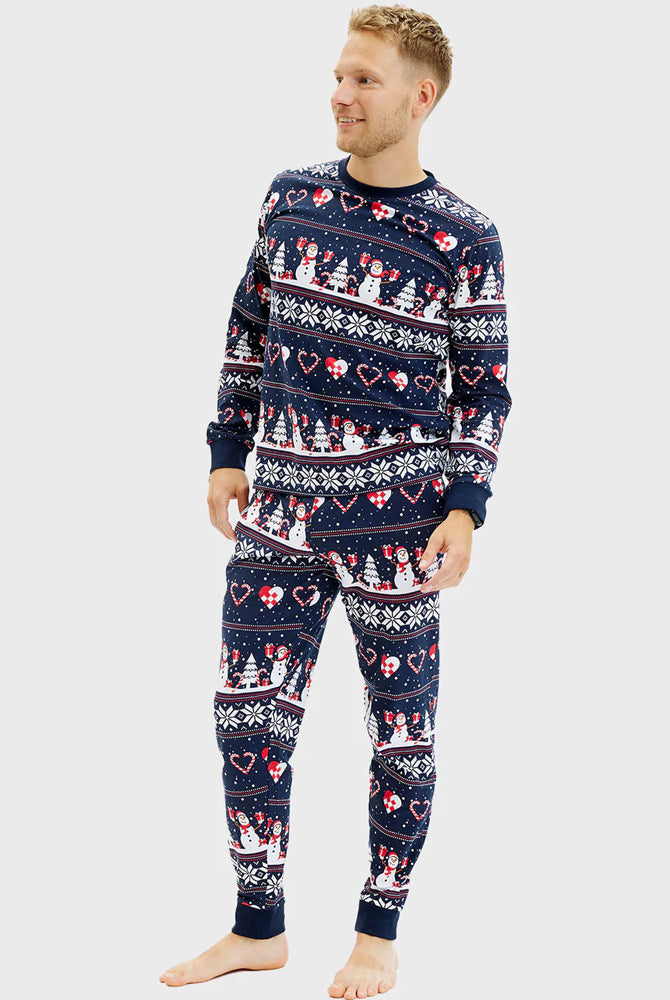 Pyjama de Noël Homme Bonhommes de Neige et Cœurs Bleu